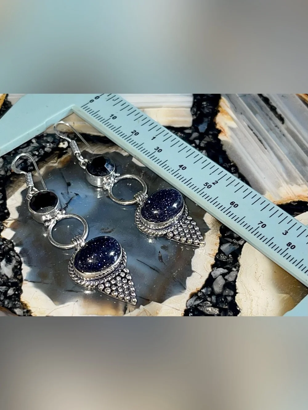 Deep Sparkly Bluestone Sandstone Earrings 2 1/2”